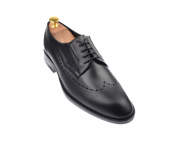 Pantofi barbati derby perforati, eleganti, cu siret, din piele naturala neagra - 708NEGRU