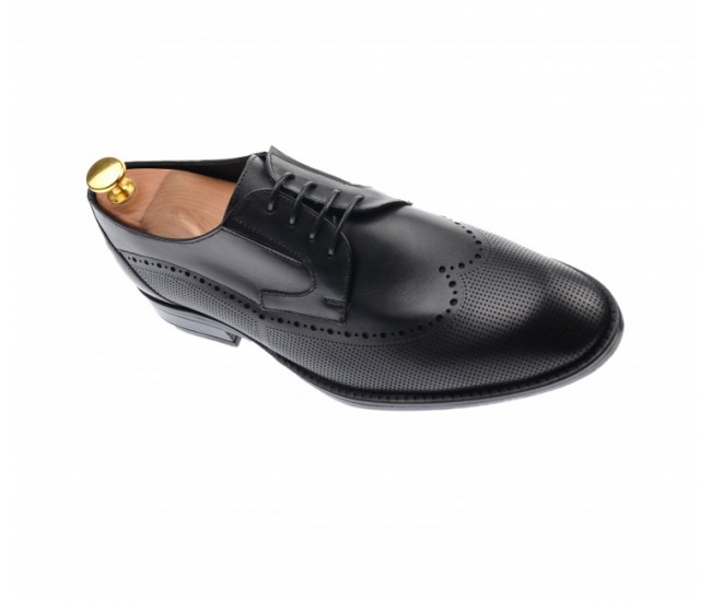 Pantofi barbati derby perforati, eleganti, cu siret, din piele naturala neagra - 708NEGRU