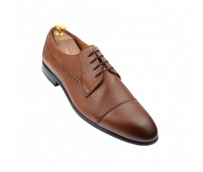 Pantofi barbati derby perforati, eleganti, cu siret, din piele naturala maro coniac - 709CON