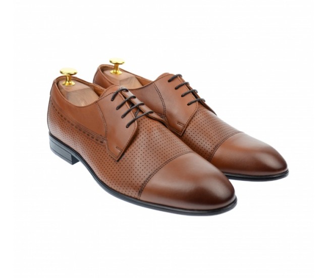 Pantofi barbati derby perforati, eleganti, cu siret, din piele naturala maro coniac - 709CON