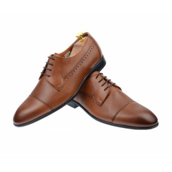 Pantofi barbati derby perforati, eleganti, cu siret, din piele naturala maro coniac - 709CON