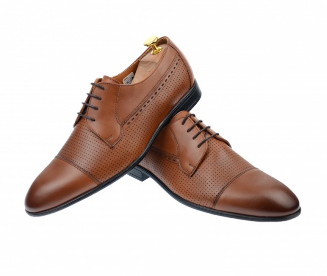 Pantofi barbati derby perforati, eleganti, cu siret, din piele naturala maro coniac - 709CON