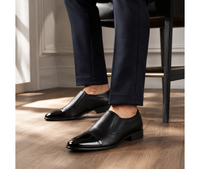 Pantofi bărbați negri din piele naturala, fără șiret, cu vârf lăcuit și design elegant – 818MODN