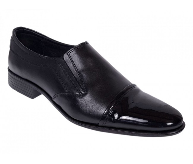 Pantofi bărbați negri din piele naturala, fără șiret, cu vârf lăcuit și design elegant – 818MODN