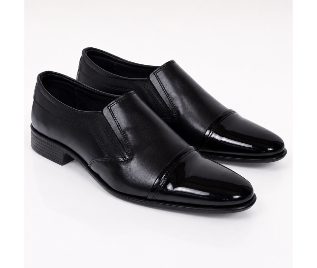 Pantofi bărbați negri din piele naturala, fără șiret, cu vârf lăcuit și design elegant – 818MODN
