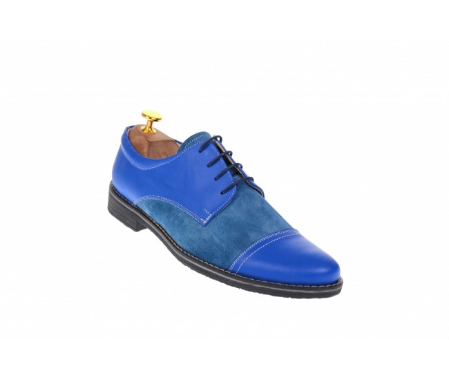 Pantofi barbati casual din piele naturala combinata, culoare albastru - 858AL