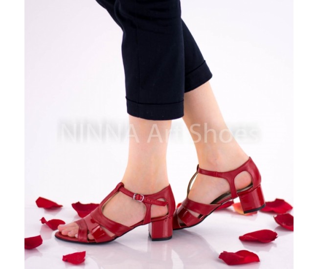 Sandale dama rosii din piele naturala cu suvite lac - NAA55RPL