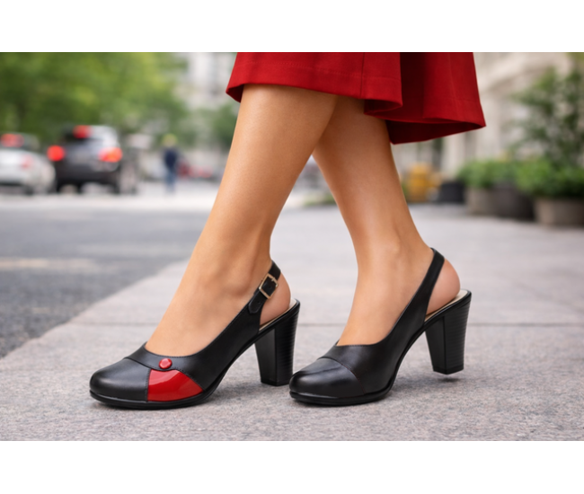 Pantofi dama eleganti slingback negru-rosu cu toc gros – design modern si confort 
