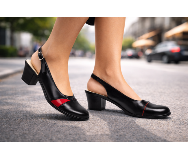 Pantofi dama eleganti decupati negru-rosu cu toc – design modern din piele naturala BVS35LR