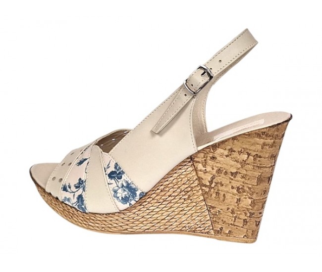 Sandale dama din piele naturala cu platforme de 10cm Bej Blue Floral BVS47BXF