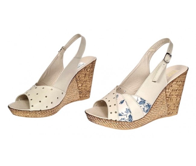 Sandale dama din piele naturala cu platforme de 10cm Bej Blue Floral BVS47BXF