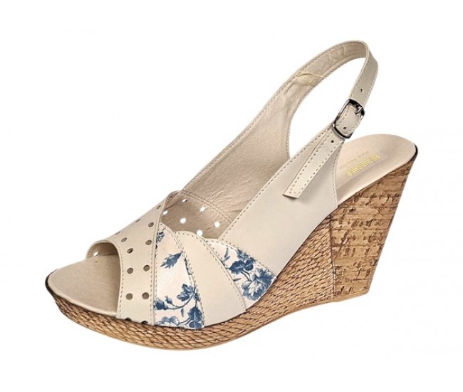 Sandale dama din piele naturala cu platforme de 10cm Bej Blue Floral BVS47BXF