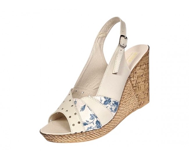 Sandale dama din piele naturala cu platforme de 10cm Bej Blue Floral BVS47BXF