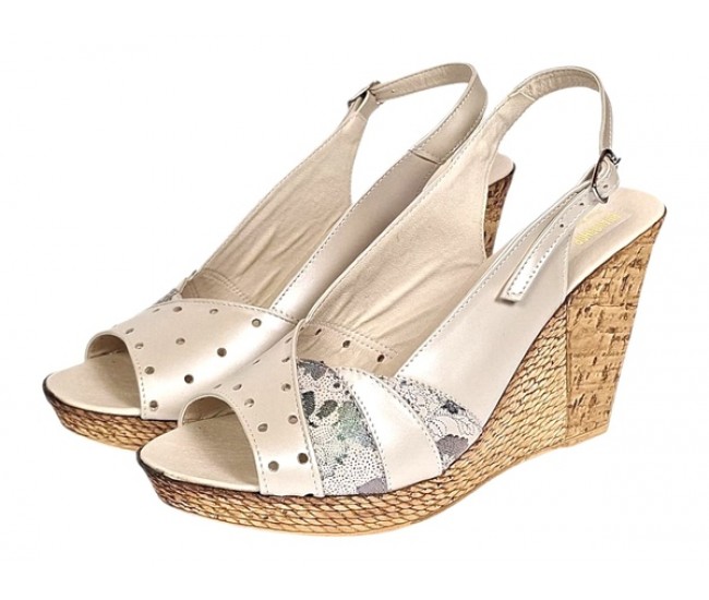 Sandale dama din piele naturala cu platforme de 10cm Bej Verde Floral BVS47BXV