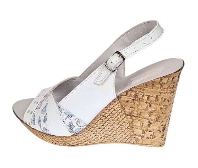 Sandale dama din piele naturala cu platforme de 10cm Alb Floral BVS47XA