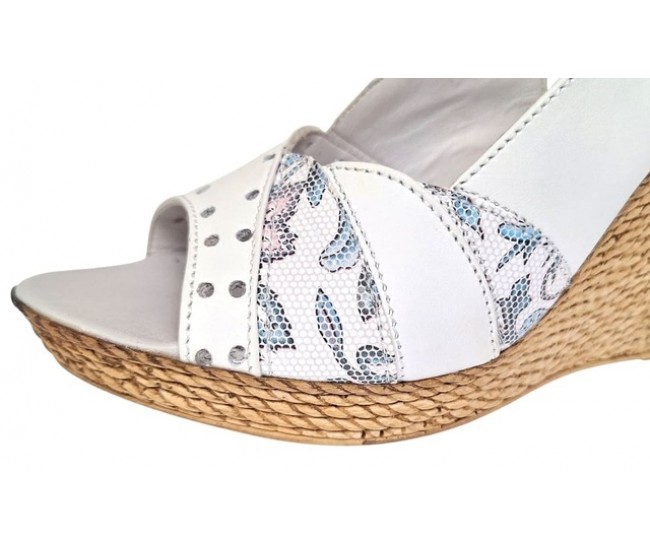 Sandale dama din piele naturala cu platforme de 10cm Alb Floral BVS47XA