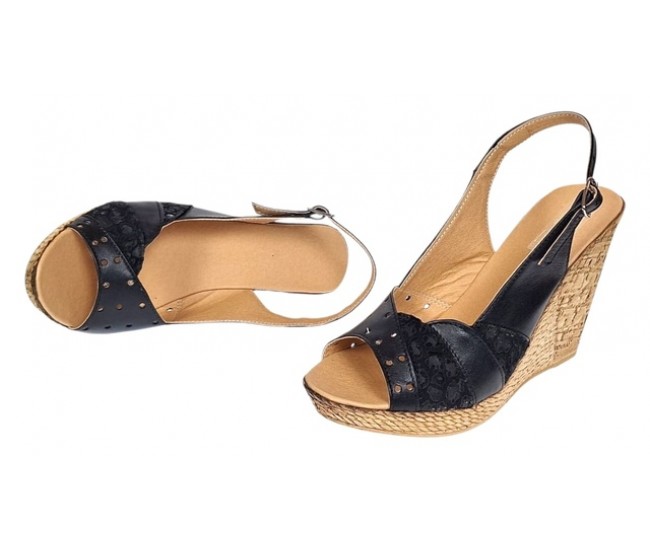 Sandale dama din piele naturala cu platforme de 10cm Negru Floral BVS47XN