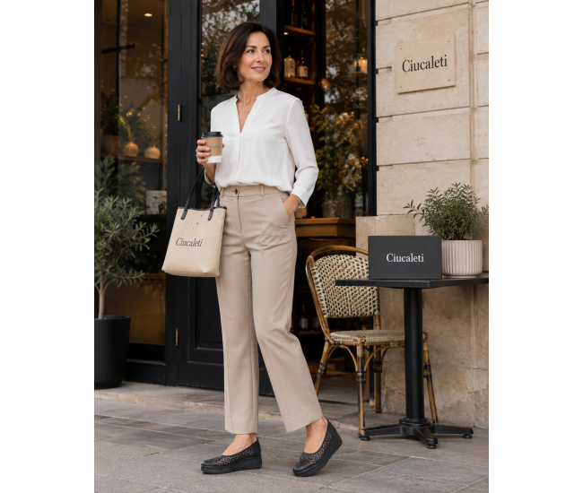 Pantofi dama negri din piele naturala perforata cu talpa ortopedica CL230N