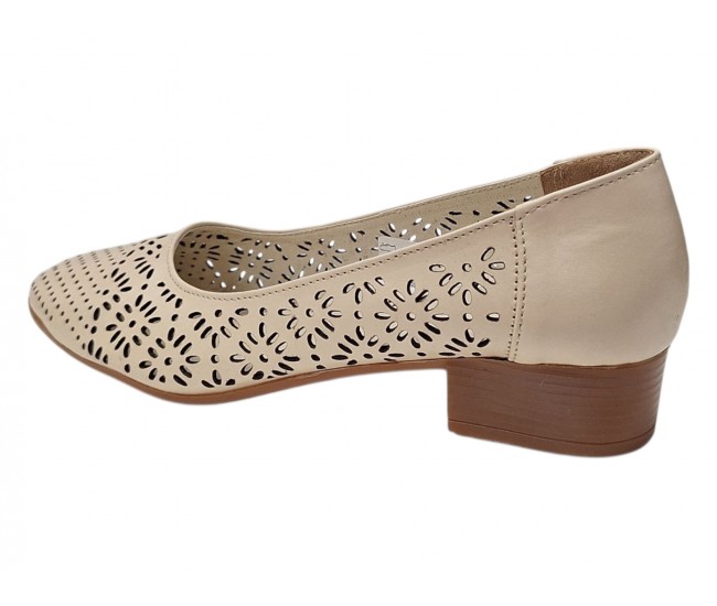 Pantofi dama bej perforati din piele naturala cu toc mic Avelisse CLP03BEJ