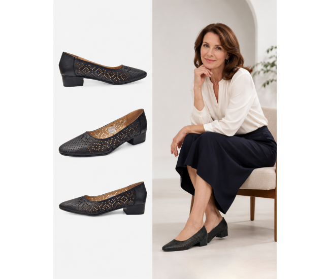 Pantofi dama negri din piele naturala perforati cu toc mic gros CLP03N
