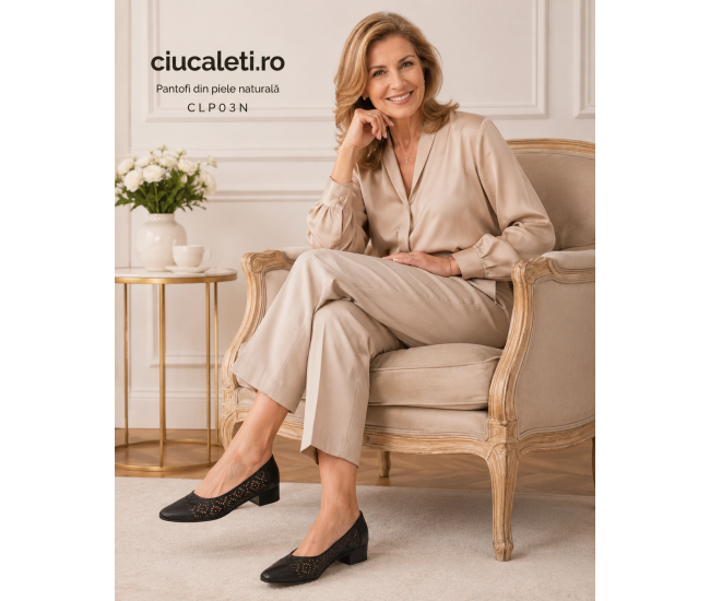 Pantofi dama negri din piele naturala perforati cu toc mic gros CLP03N