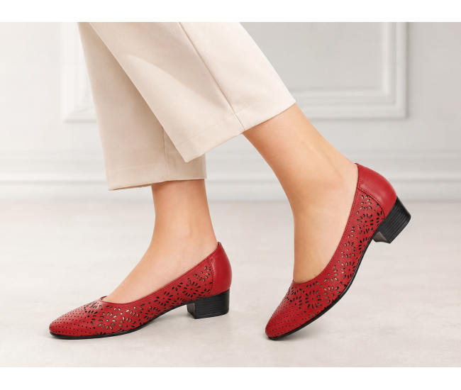 Pantofi dama perforati rosii din piele naturala cu toc mic Rosalia CLP03R