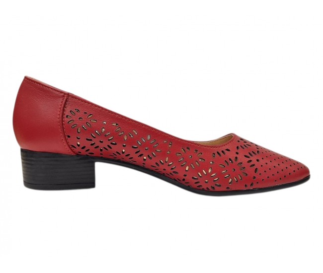 Pantofi dama perforati rosii din piele naturala cu toc mic Rosalia CLP03R