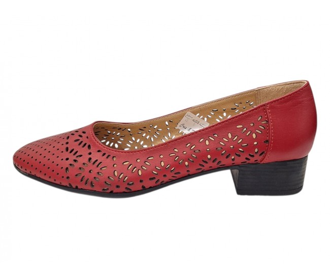 Pantofi dama perforati rosii din piele naturala cu toc mic Rosalia CLP03R