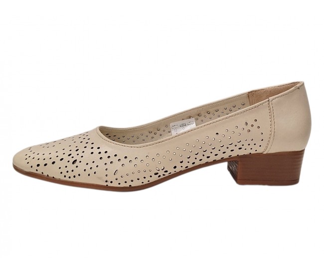 Pantofi dama bej din piele naturala perforati cu toc mic gros CLP05BEJ