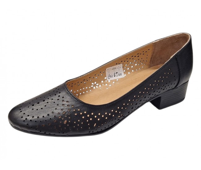 Pantofi dama negri perforati din piele naturala cu toc mic Loriana CLP05N