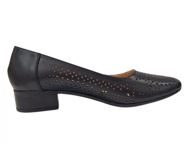 Pantofi dama negri perforati din piele naturala cu toc mic Loriana CLP05N