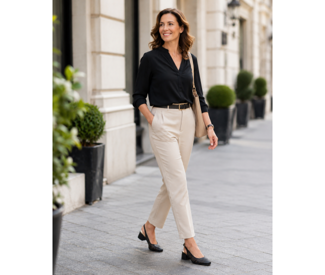 Pantofi dama negri perforati din piele naturala cu toc gros si bareta la spate Seloria CLP06N