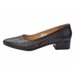 Pantofi dama negri perforati din piele naturala cu toc mic Loriana CP230NLI