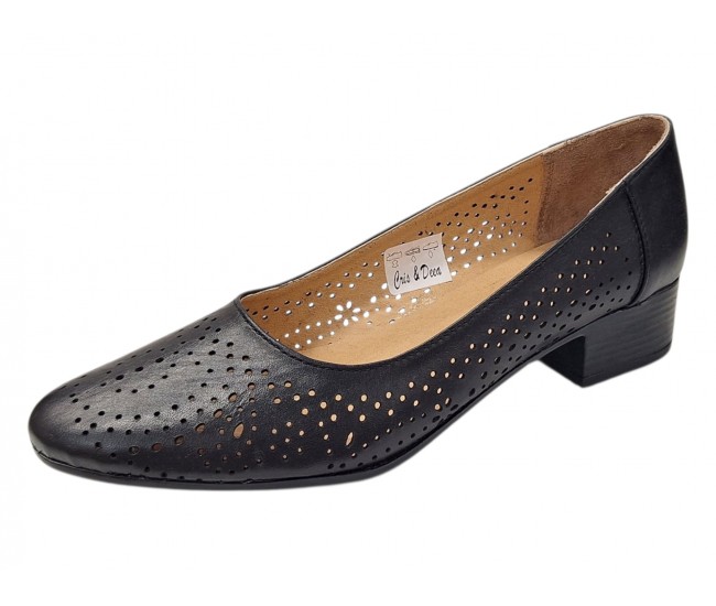 Pantofi dama negri perforati din piele naturala cu toc mic Loriana CP230NLI