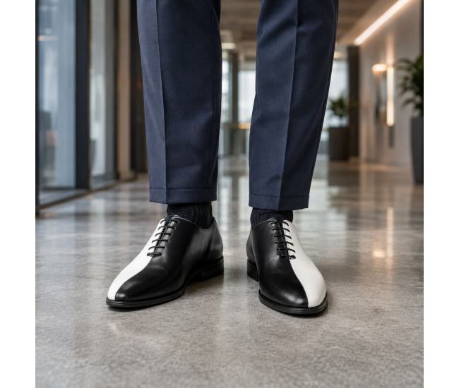 Pantofi Oxford bărbați alb-negru din piele naturală, eleganți de ceremonie – DONATOAN