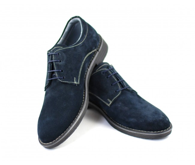 Pantofi barbati casual, eleganti din piele naturala intoarsa bleumarin - PAVELBLM