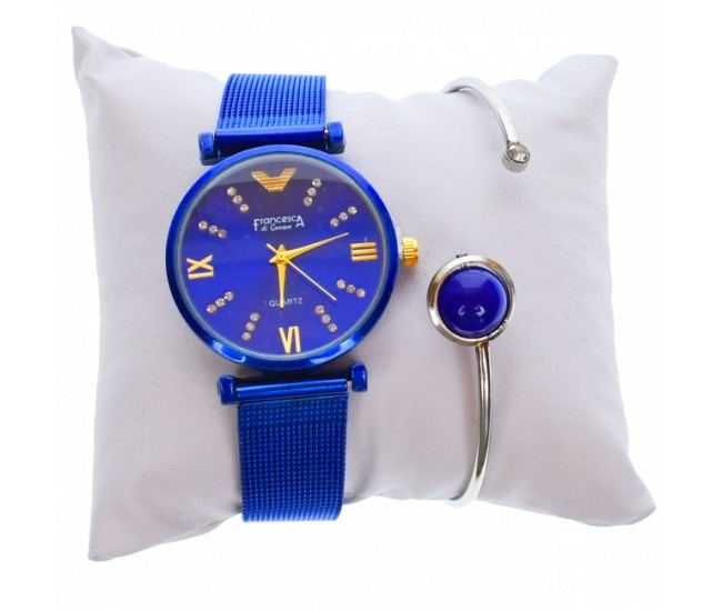 Set ceas dama si bratara, Francesca di Geneva, curea albastra si cadran albastru - FR12AA