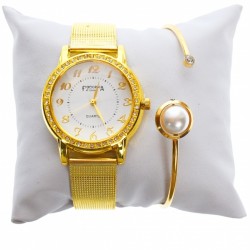 Set ceas dama si bratara, Francesca di Geneva, curea aurie si cadran alb - FR13GALB