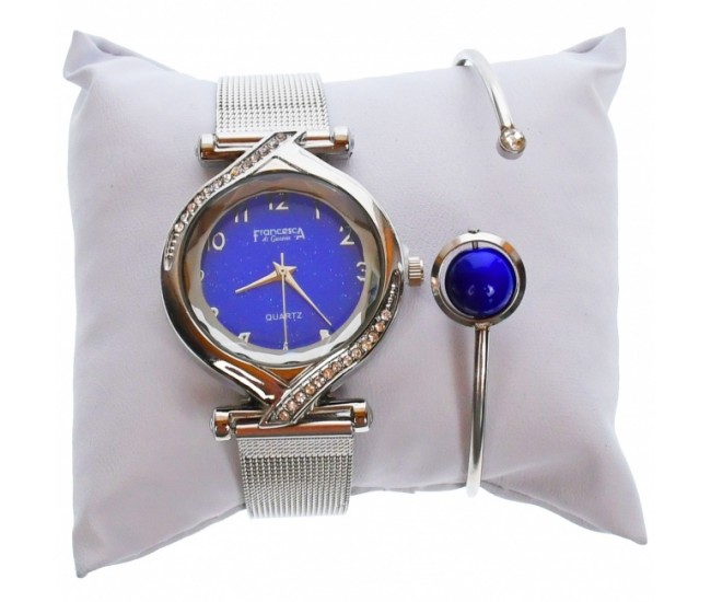 Set ceas dama si bratara, Francesca di Geneva, curea argintie si cadran albastru - FR15ARA