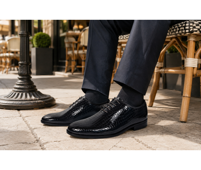 Pantofi barbati negri lac croco – eleganta puternica pentru tinute care impun respect GK150CRN