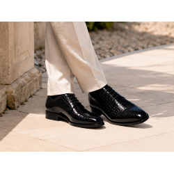 Pantofi barbati negri lac croco – eleganta puternica pentru tinute care impun respect GK150CRN