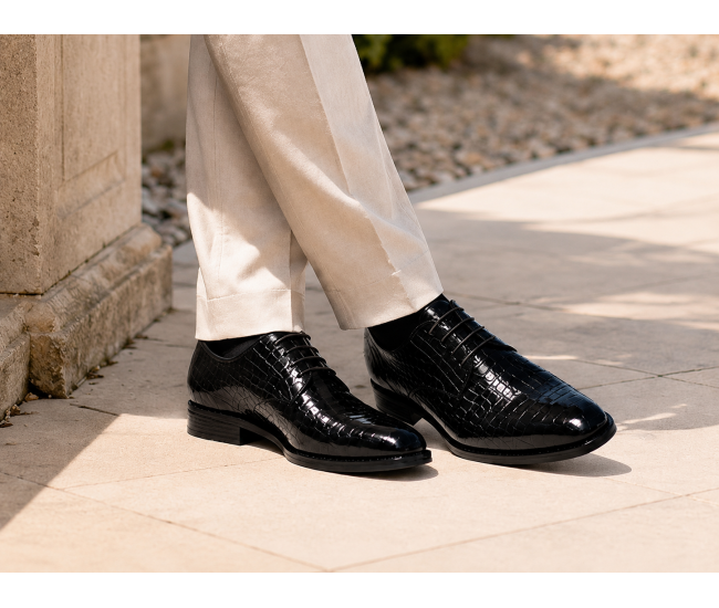 Pantofi barbati negri lac croco – eleganta puternica pentru tinute care impun respect GK150CRN