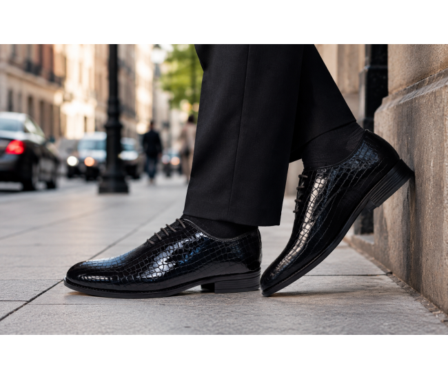 Pantofi barbati negri lac croco – eleganta puternica pentru tinute care impun respect GK150CRN