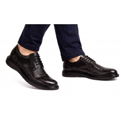 Pantofi bărbați negri din piele naturală, Derby cu perforații decorative GK826TN
