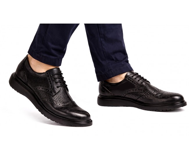 Pantofi bărbați negri din piele naturală, Derby cu perforații decorative GK826TN