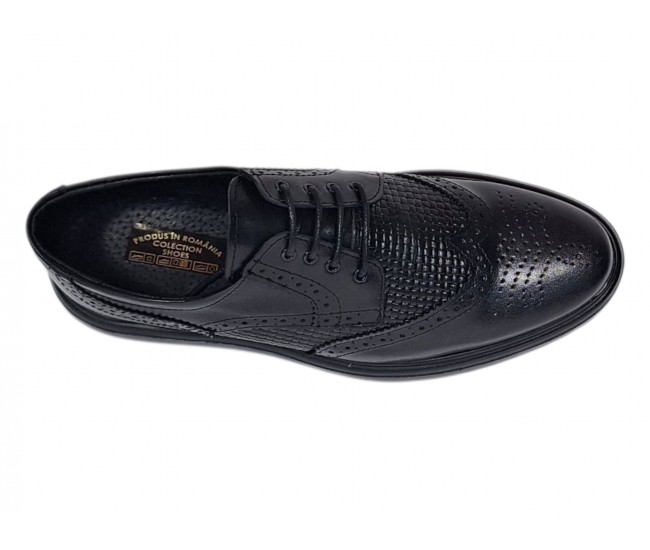 Pantofi bărbați negri din piele naturală, Derby cu perforații decorative GK826TN