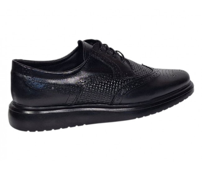 Pantofi bărbați negri din piele naturală, Derby cu perforații decorative GK826TN