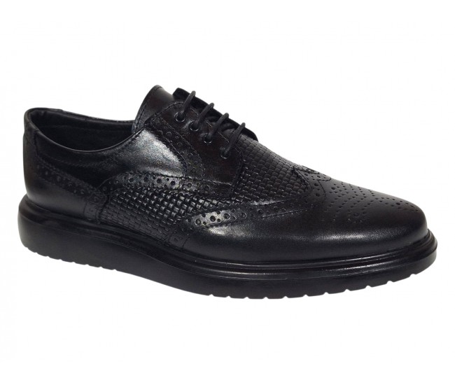 Pantofi bărbați negri din piele naturală, Derby cu perforații decorative GK826TN