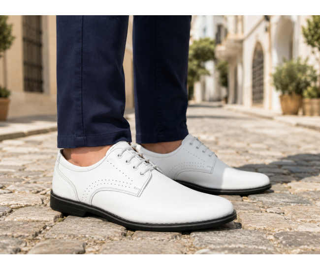 Pantofi Derby bărbați albi din piele naturală, eleganți casual – GKR103AB