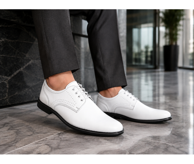 Pantofi Derby bărbați albi din piele naturală, eleganți casual – GKR103AB